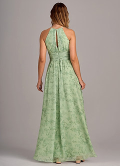 Azazie Bonnie Vestidos de damas de honor Vestido de Floral Helecho Verde de Gasa de Corte en A con Cuello de pico fruncido image2