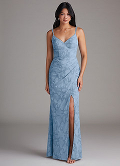 Azazie Leo Bridesmaid Dresses Powder Blue Sheath Pleated Floral Burnout Dress image1