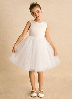 Azazie Esme Blumenmädchenkleider Ballkleid Schleifen Tüll Kleid Alabaster Weiß image6