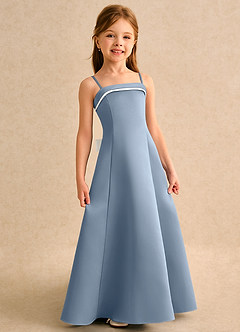 Azazie Izel Junior Formal Flower Girl Dresses Ivory Dusty Blue A-Line Pleated Matte Satin Dress image3