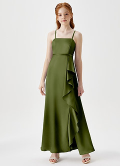 Azazie Kaylee Junior Olive A-Line with Belt Metallic Satin Dress image1