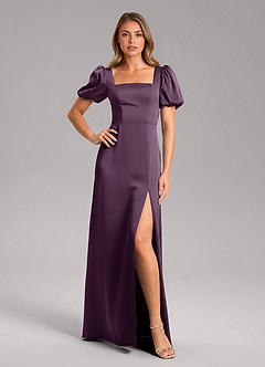 Azazie Fyona Bridesmaid Dresses Plum A-Line Pleated Stretch Satin Dress image7