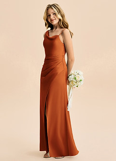 Azazie Abby Junior Vestido de Canela de Satén Elástico de Corte en A con Plisado image3