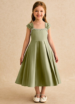 Azazie Yosemite Blumenmädchenkleider Ballkleid Herzausschnitt Matte Satin Kleid Moosgrün image4