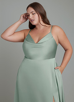 Azazie Sarella Bridesmaid Dresses Agave A-Line Pleated Stretch Satin Dress image9