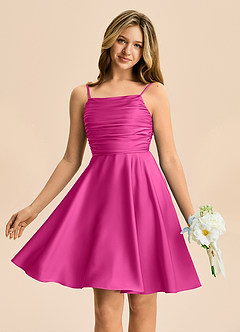 Azazie Miko Junior Fuchsia A-Line Pleated Stretch Satin Dress image1