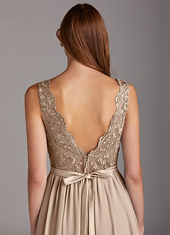 Azazie Elly Bridesmaid Dresses Taupe A-Line Lace Scoop Neck Chiffon Dress image4
