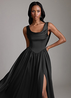 Azazie Novi Bridesmaid Dresses Black A-Line with Pockets Stretch Satin Dress image3