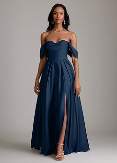 Azazie Loisa Abiti da Damigella Abito A-Line in Raso Elasticizzato a Spalla Scoperta Marino Scuro image7