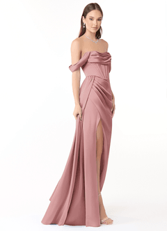 Azazie Amyra Bridesmaid Dresses Dusty Rose Sheath Off the Shoulder Stretch Satin Convertible Dress image4