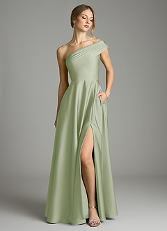 Azazie Melanie Jurken voor bruidsmeisjes Jurk van Stretch Satijn met A-Lijn Off the Shoulder Stoffige Salie image1