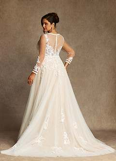 Azazie Ariya Wedding Dresses Diamond White Champagne A-Line Lace Tulle Dress image8