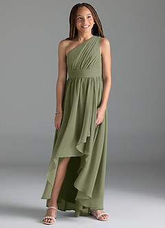 Azazie Mathilda Junior Robe Trapèze en Mousseline de soie Plissée Pistache image4