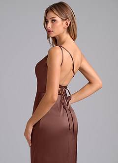 Azazie Naria Vestidos de damas de honor Vestido de Expresado de Satén Elástico de Corte Recto con Hombro unilateral image2