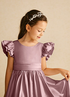 Azazie Piglette Robe Demoiselle D'honneur Fillette Robe Trapèze en Mat Satiné Arc Rose Poussiéreuse image3