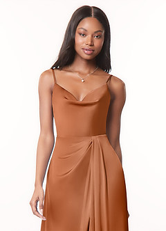 Azazie Brielle Bridesmaid Dresses Copper A-Line Cowl Spaghetti Straps Stretch Satin Dress image4