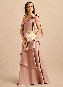 Azazie Shyloh Girls Formal Flower Girl Dresses Rose Gold A-Line Off the Shoulder Stretch Satin Dress image3