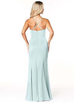 Azazie Marzia Bridesmaid Dresses Sea Glass Sheath Cowl Pleated Stretch Satin Dress image4