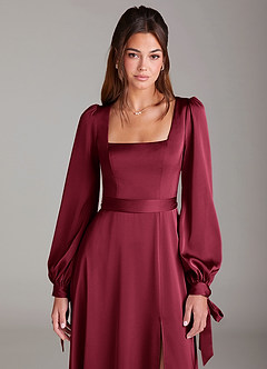 Azazie Leonia Brautjungfernkleider A-Linie Langarm Stretch-Satin Kleid Burgunderrot image12