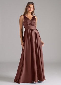 Azazie Kora Bridesmaid Dresses Espresso A-Line Pleated Stretch Satin Dress image1