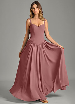 Azazie Evadina 신부 들러리 드레스 A라인 코르셋 쉬폰 바닥 길이 드레스 image1