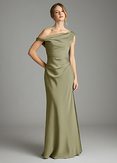 Azazie Emerson Bridesmaid Dresses Pistachio Mermaid Off the Shoulder Stretch Satin Dress image1