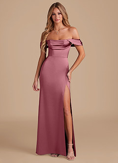 Azazie Saige Bridesmaid Dresses Desert Rose A-Line Off the Shoulder Metallic Satin Convertible Dress image5