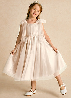 Azazie Dori Robe Demoiselle D'honneur Fillette Robe Trapèze en Tulle Rayé Albâtre Blanc image4