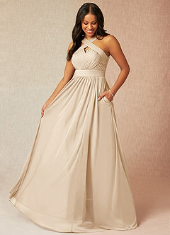 Azazie Hillian Abiti da Damigella Abito A-Line in Maglia con Scollo Halter a Pieghe Champagne image1