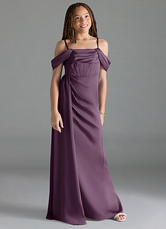 Azazie Amyra Junior Plum Sheath Off the Shoulder Stretch Satin Dress image3
