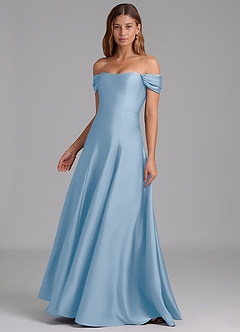 Azazie Seriana Robes de demoiselle d'honneur Robe Trapèze Convertible en Satin extensible Épaule décolletée Poudre Bleue image3