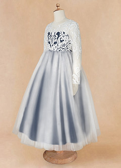 Azazie Elodie Flower Girl Dresses Ivory Dark Navy Ball-Gown Lace Dress image12