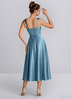 Azariya Stahlblau Satin-Midikleid mit eckigem Ausschnitt und Schnürung in A-Linie image3