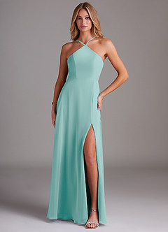 Azazie Bailey Bridesmaid Dresses Aqua A-Line Halter Side Slit Chiffon Dress image1