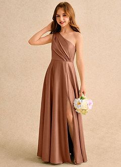 Azazie Puddles Girls Formal Abiti da Ragazza di Fiori Abito A-Line in Raso Elasticizzato Monospalla Bronzo image3