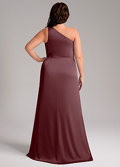 Azazie Phaedra Bridesmaid Dresses Sangria A-Line One Shoulder Stretch Satin Dress image2