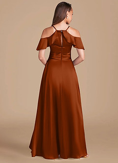 Azazie Dakota Bridesmaid Dresses Auburn A-Line Off the Shoulder Metallic Satin Dress image4