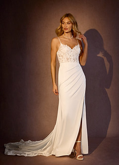 Azazie Rosalina Wedding Dresses Diamond White Sand Mermaid V-Neck lace Crepe Back Satin Dress image3