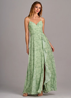 Azazie Naeem Robes de demoiselle d'honneur Robe Trapèze en Mousseline de soie Col V à volants Fougère Verte Florale image4