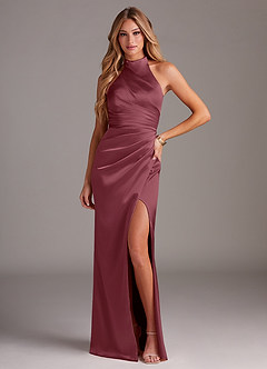 Azazie Jemma Bridesmaid Dresses Desert Rose Sheath Pleated Stretch Satin Dress image1