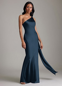 Azazie Juniper Brudtärnklänningar Klänning av Sjöjungfru i Stretch Satin One-shoulder Mörk Marinblå image5