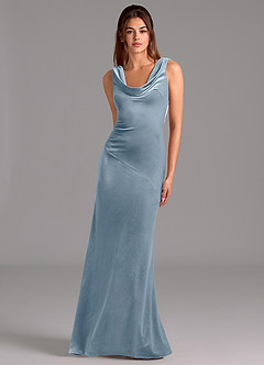 Azazie Rylina Vestidos de damas de honor Vestido de Azul Polvoriento de terciopelo de Corte Sirena con Lazo image1