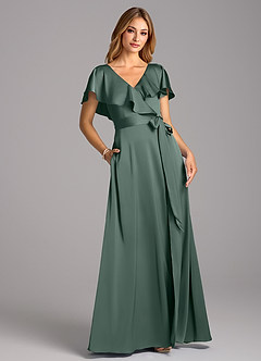 Azazie Lainey Bridesmaid Dresses Sea Moss A-Line with Pockets Stretch Satin Dress image1