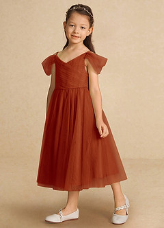 Azazie Lizzette Flower Girl Dresses Paprika A-Line Ruched Tulle Dress image5