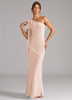 Azazie Capri Bridesmaid Dresses Blushing Pink Mermaid One Shoulder Stretch Satin Dress image3