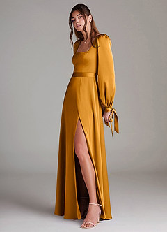 Azazie Leonia Bridesmaid Dresses Butterscotch A-Line Long Sleeve Stretch Satin Dress image5