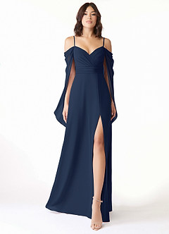 Azazie Cienna Bridesmaid Dresses Dark Navy A-Line Off the Shoulder Chiffon Dress image1
