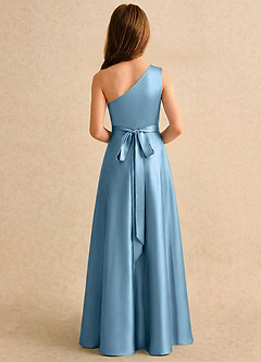 Azazie Puddles Girls Formal Flower Girl Dresses Steel Blue A-Line One Shoulder Stretch Satin Dress image2