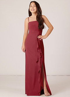 Azazie Kaylee Junior Pomegranate A-Line with Belt Chiffon Dress image4