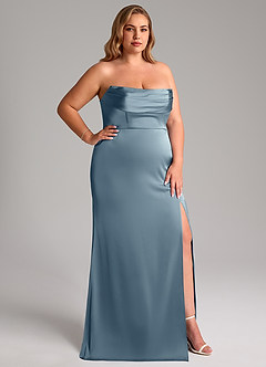 Azazie Saige Bridesmaid Dresses Dusty Blue Sheath Off the Shoulder Stretch Satin Dress image17